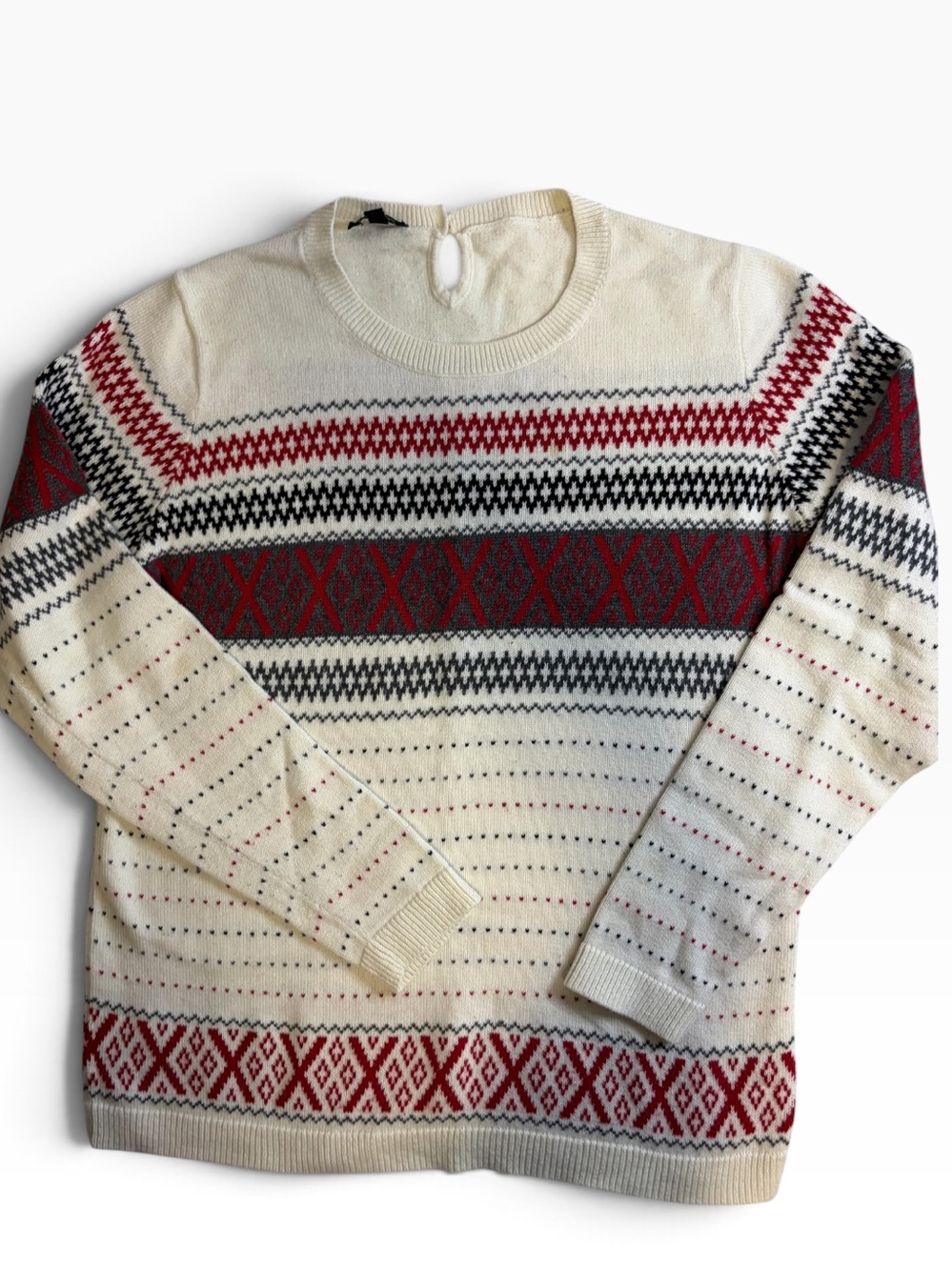 Talbots Petites Fair Isle Sweater MP Cream Red Gray Nordic Crewneck